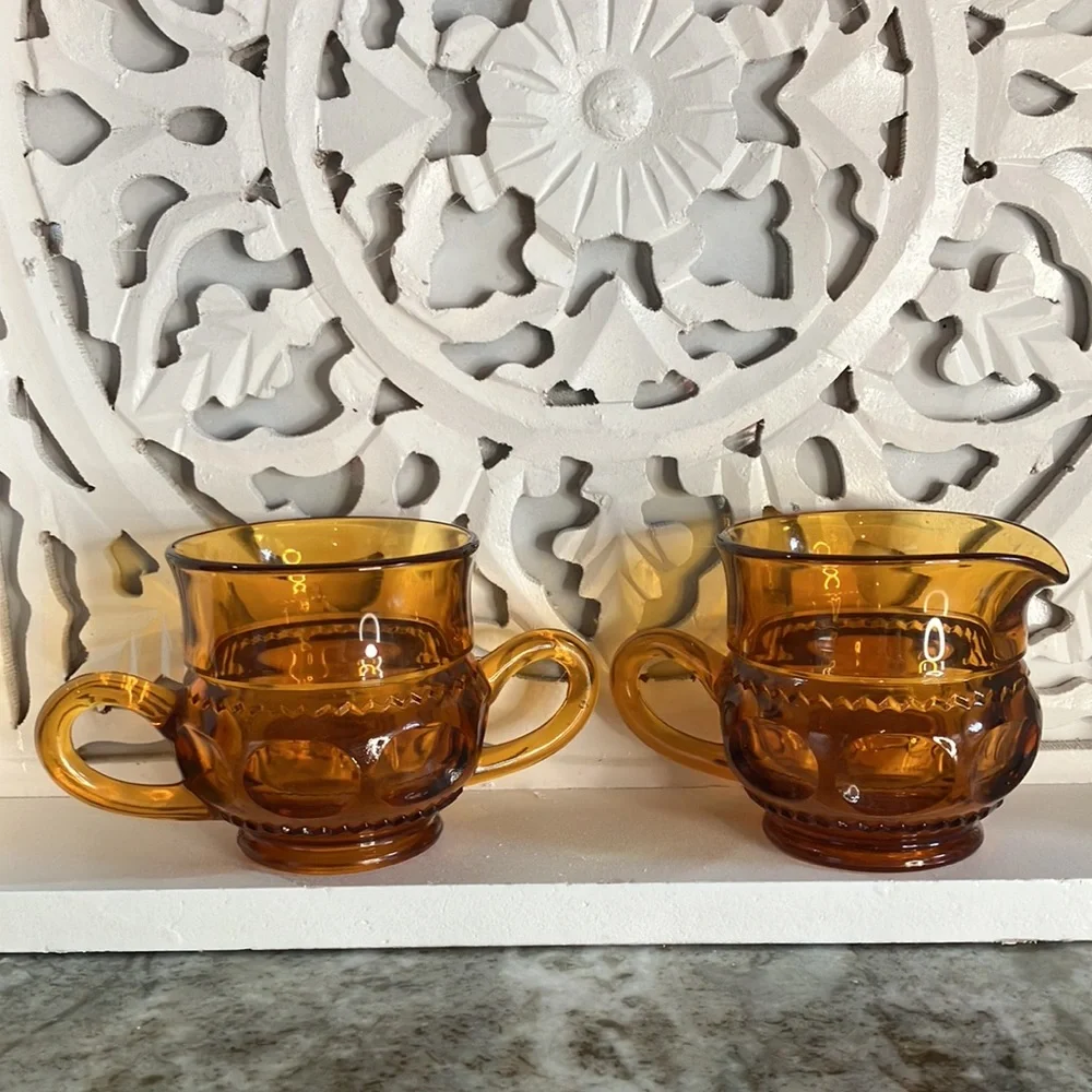 Vintage Amber Glass Sugar Bowl Creamer Set